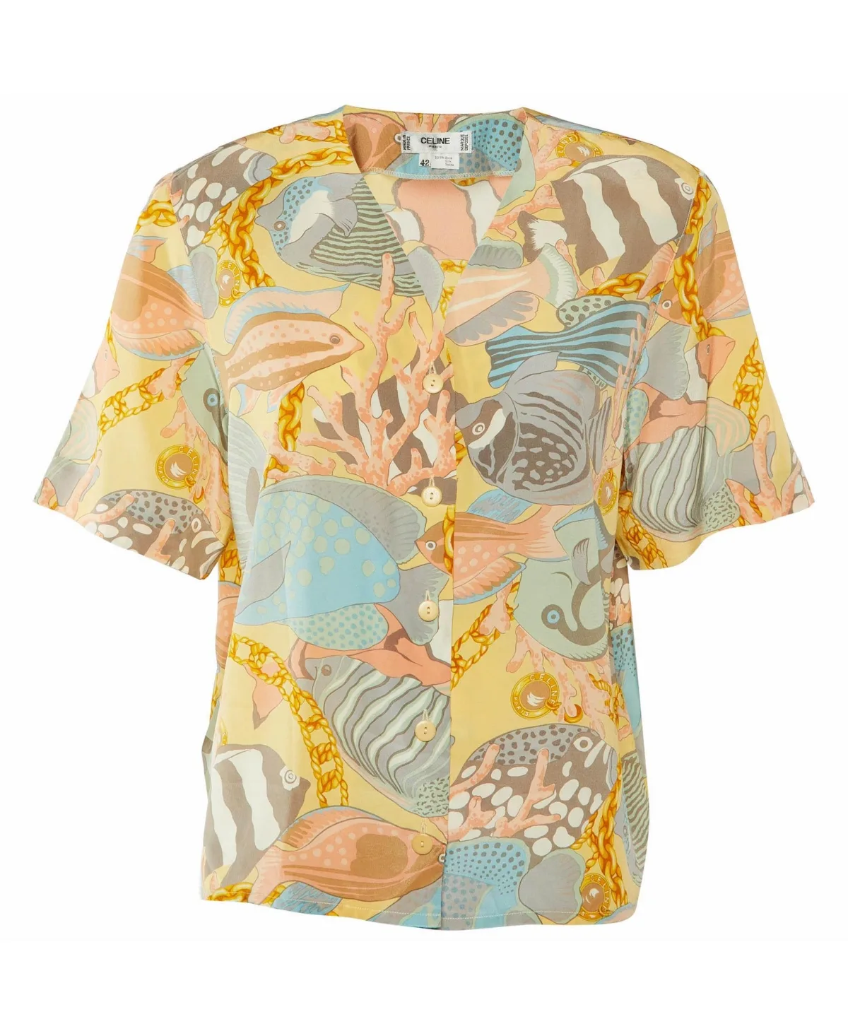 Pre-Owned Fish Print Silk Short Sleeve Blouse by Celine