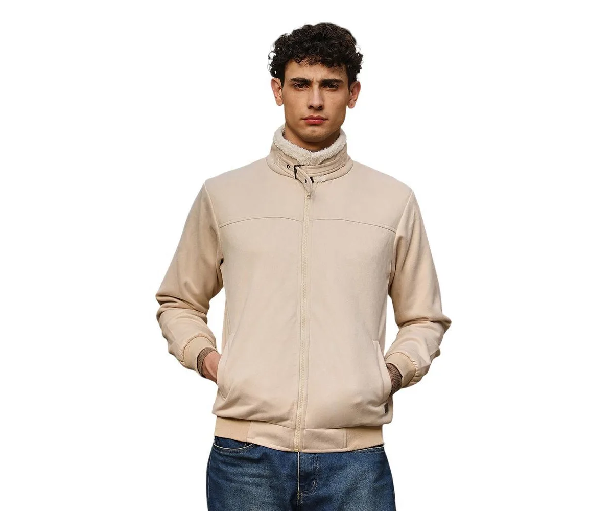 Contrast Sherpa-Lined Suede Bomber Jacket by Campus Sutra