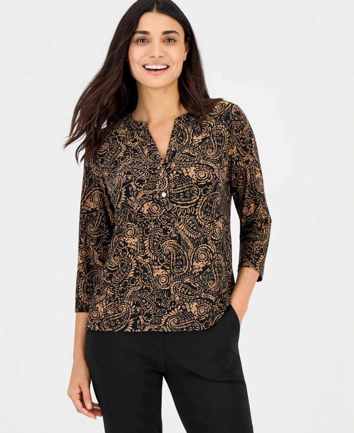 Essentials Woodblock-Print V-Neck 3/4-Sleeve Henley by Anne Klein