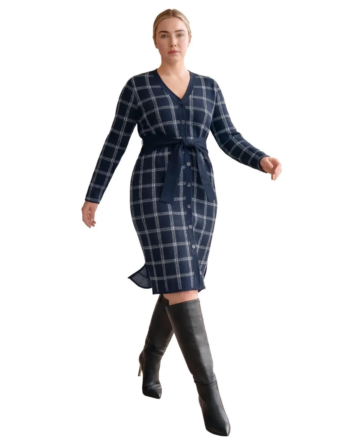 Button-Front Long-Sleeve V-Neck Cardigan Sweater Dress