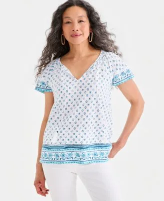 Printed Split Neck Flutter Sleeve Top by Style & Co