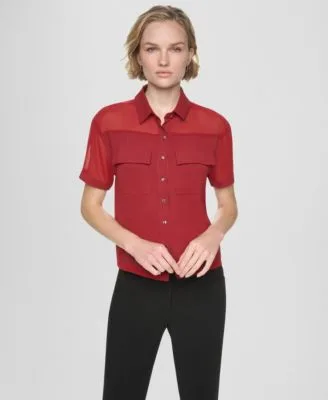 Short Sleeve Buttoned Collared Camp Shirt by DKNY
