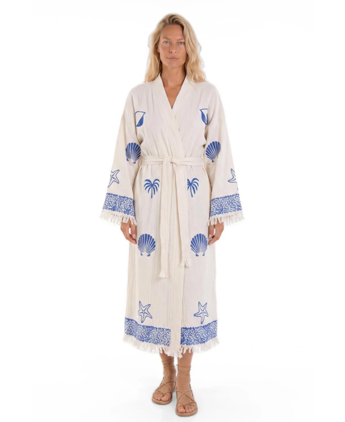 Nerina V-Neck Long-Sleeve Shell-Print Beach Cover-Up Robe by Tutunaki