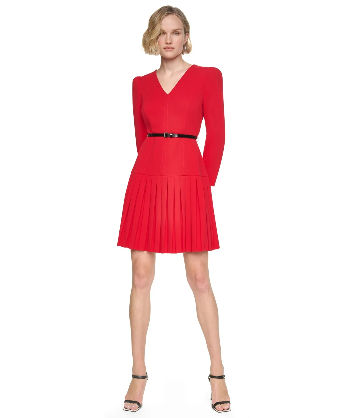 Long-Sleeve V-Neck Pleated Dress by DKNY