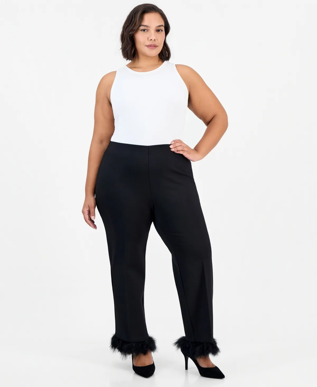 Hollywood Waist High-Rise Pull-On Feather-Trim Pants by Anne Klein