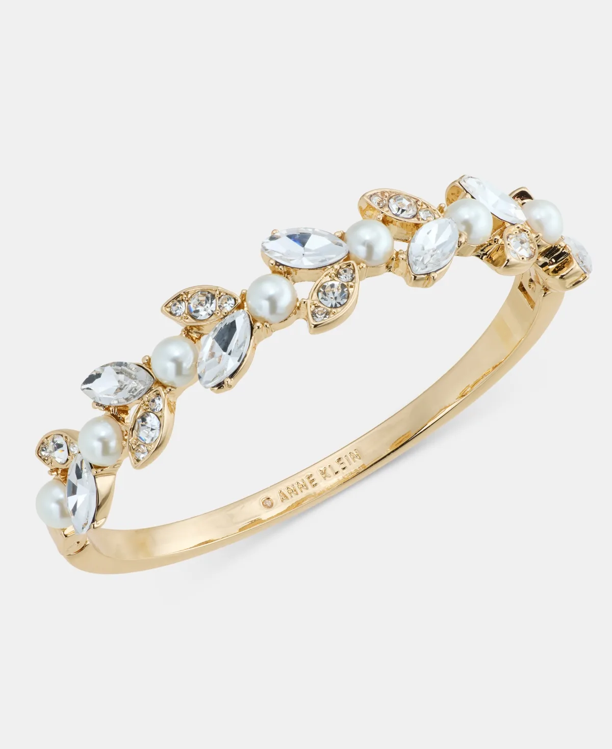 Glass Crystal and Faux Pearl Gold-Tone Oval Navette Bangle Bracelet by Anne Klein