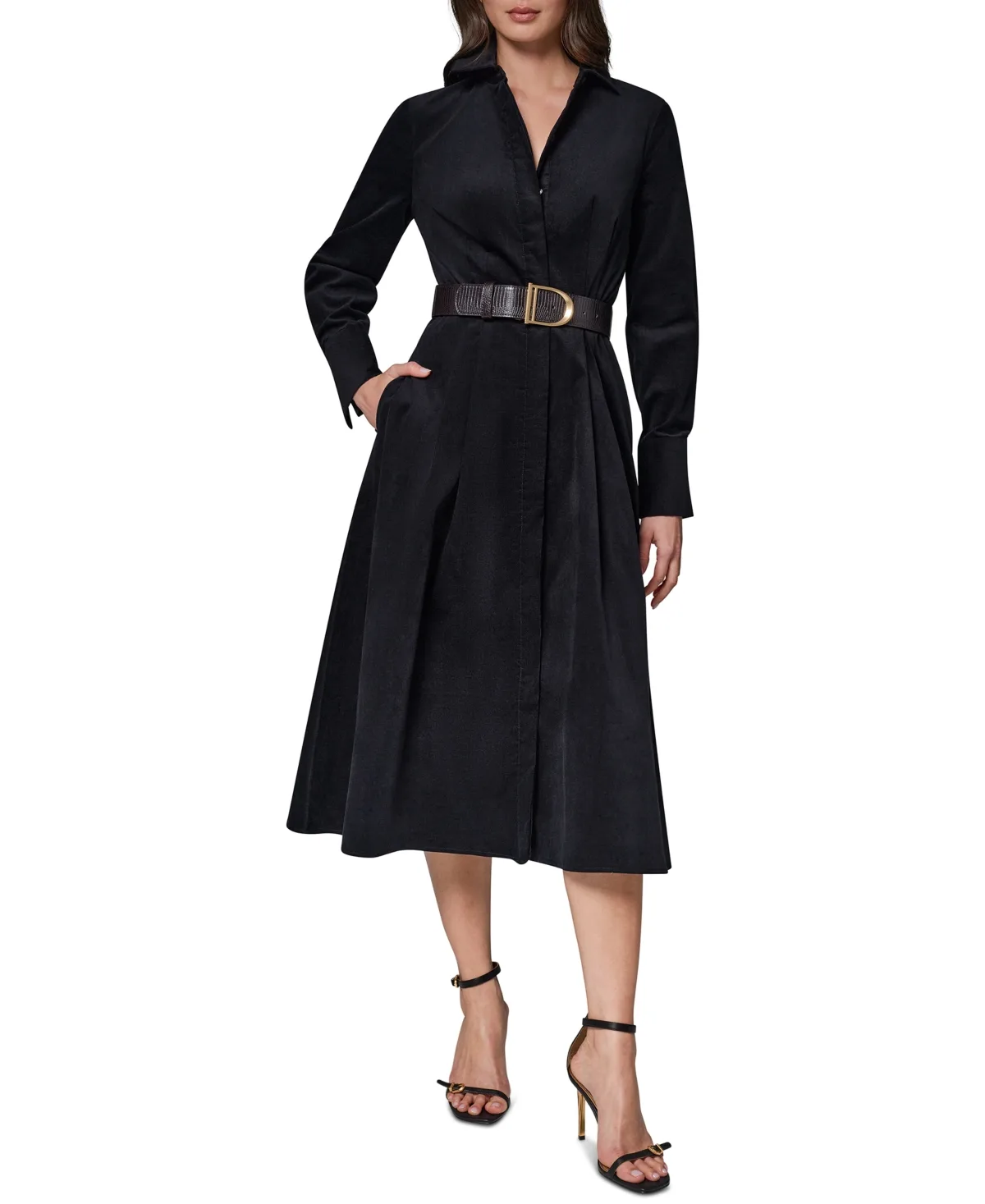 Corduroy Long-Sleeve Belted Midi Shirtdress by Donna Karan New York