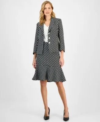 Polka Dot Jacquard Blazer Ruffle Trim V Neck Top Polka Dot Flared Hem Pencil Skirt by Kasper