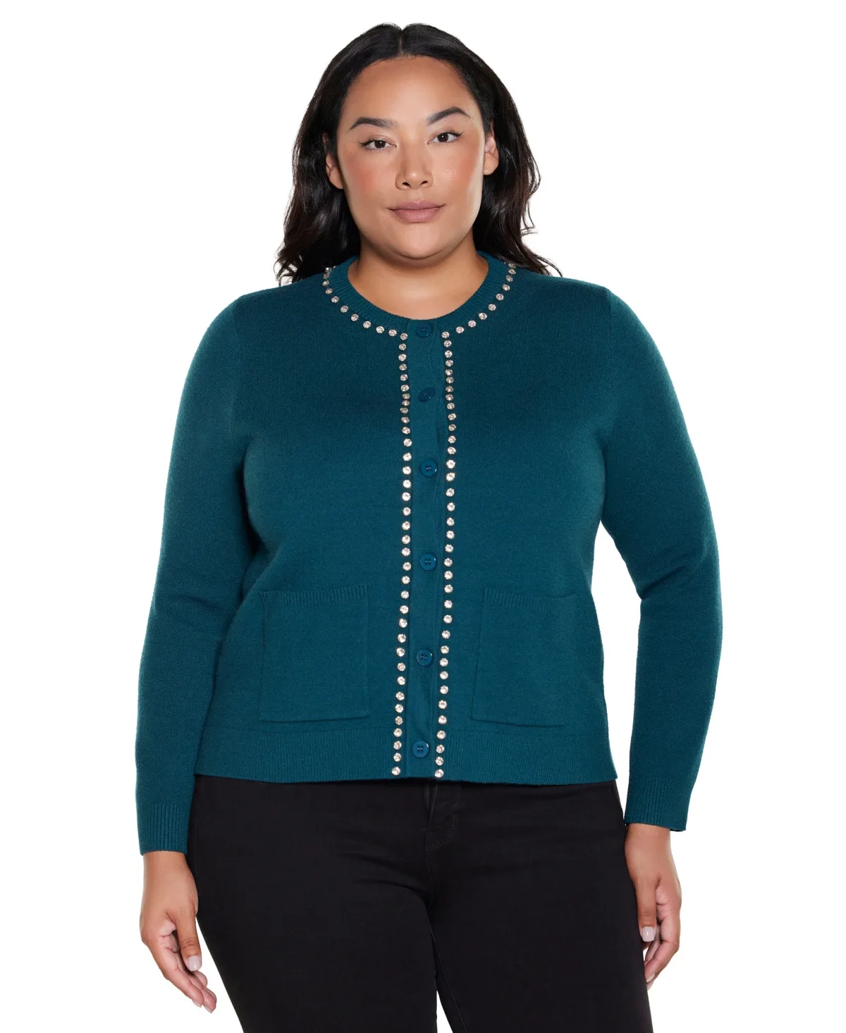 Embellished Long-Sleeve Crewneck Cardigan Sweater