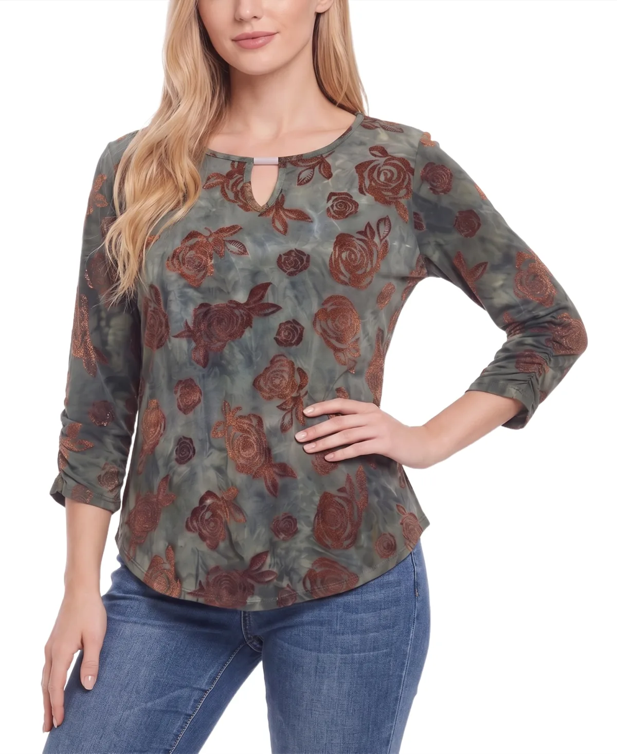 3/4-Sleeve Tie-Dye Keyhole Blouse