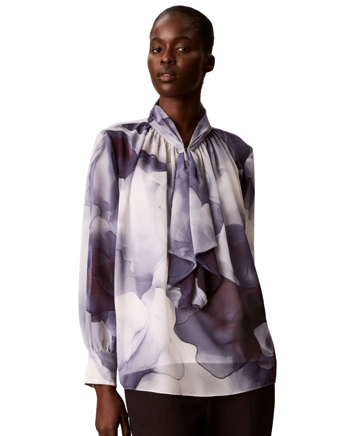 Chiffon Ruffled-Neckline Long-Sleeve Blouse by Calvin Klein