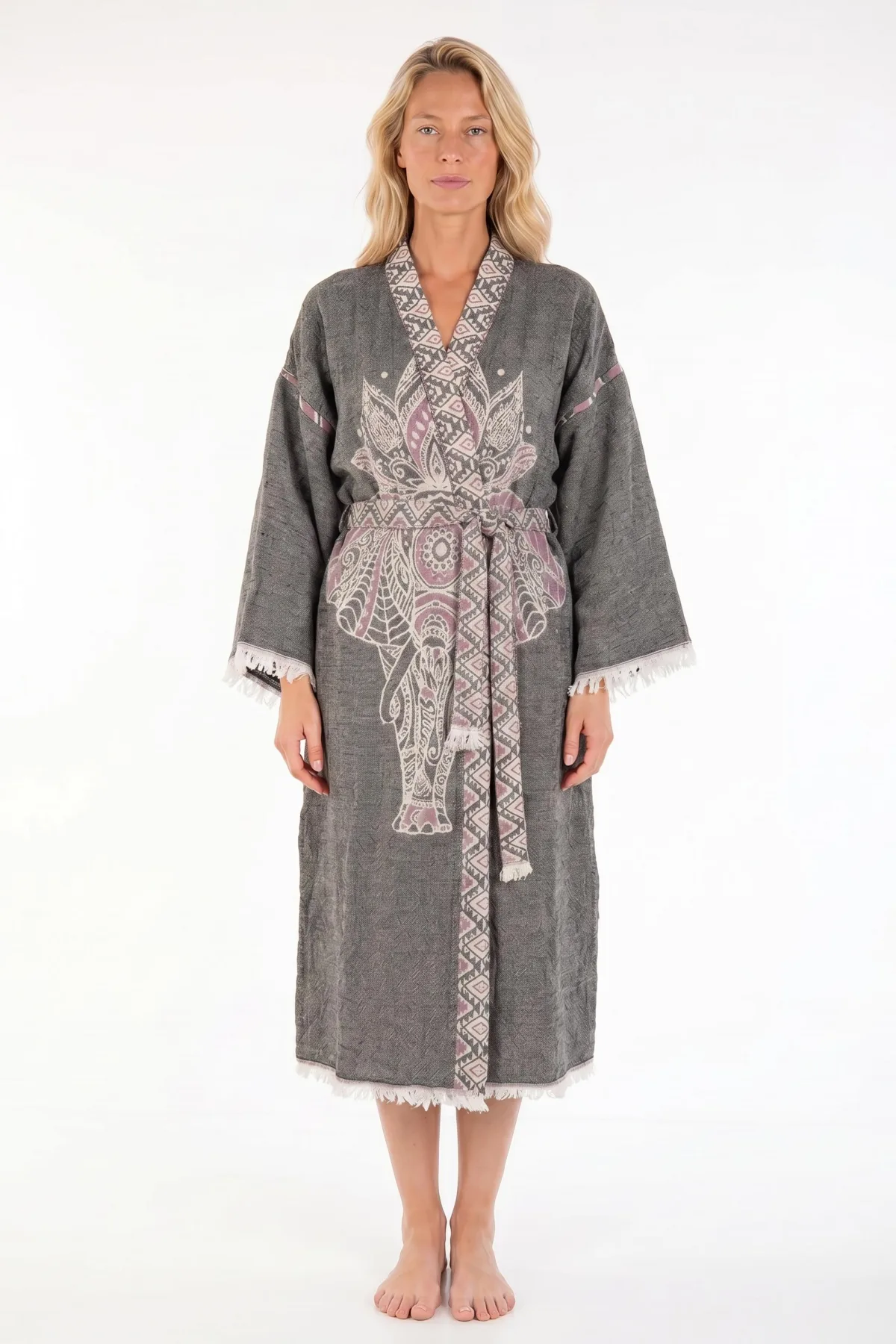 Astrid Handwoven Jacquard V-Neck Long-Sleeve Beach Cover-Up Robe by Tutunaki