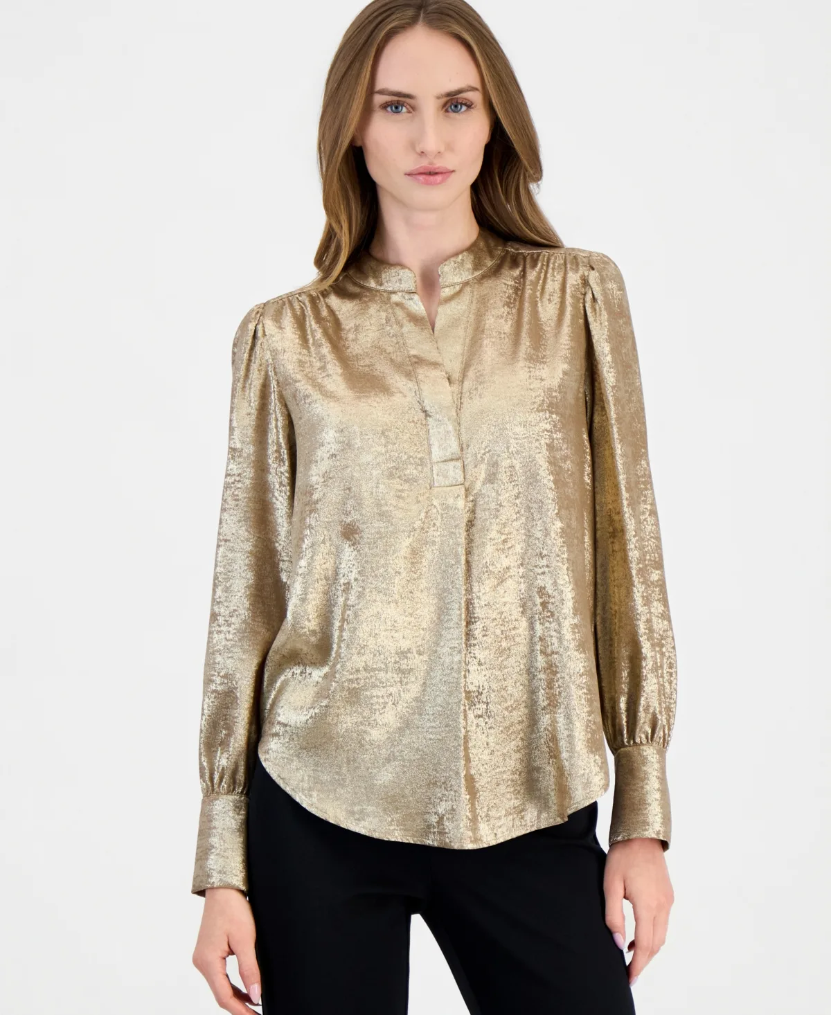 Shimmer Pleat-Front Long-Sleeve V-Neck Blouse by Anne Klein