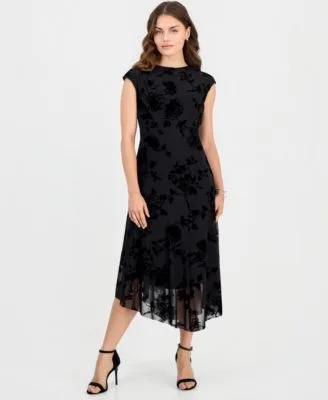 Flocked Velvet Hankie Midi Dress by Connected