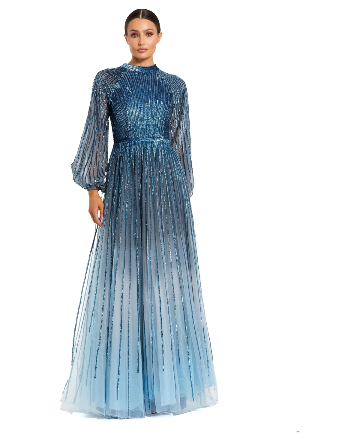 Ombre Beaded Bishop Sleeve A-Line Gown by M.A.C.