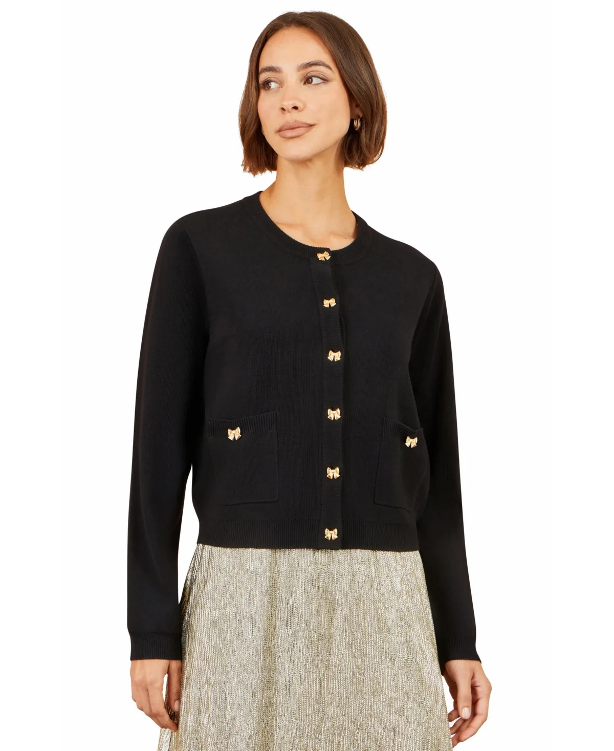 Bow Button Crew Neck Long Sleeve Viscose-Blend Cardigan by Yumi