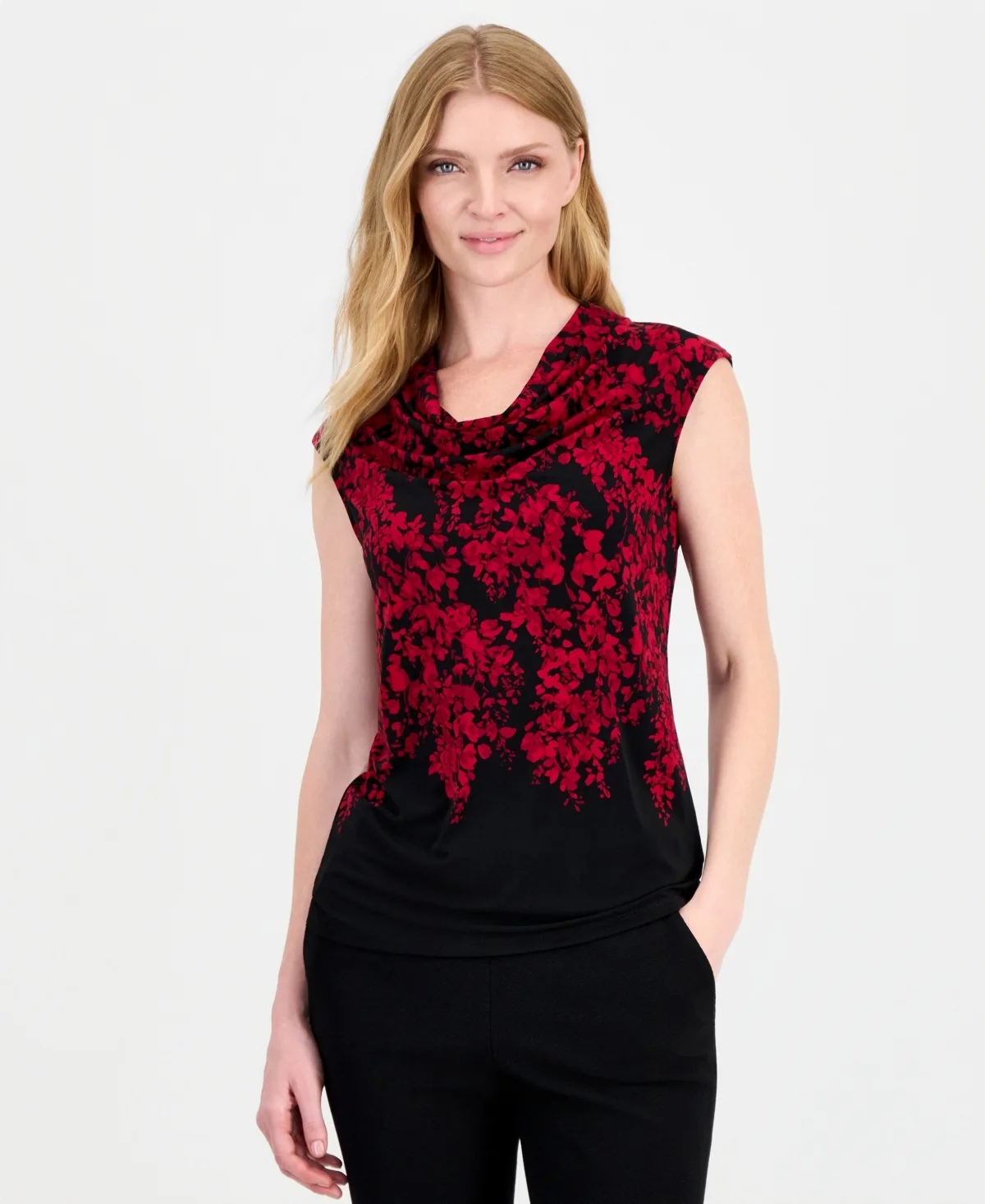Drape Front Cowl-Neck Cap-Sleeve Floral-Print Cami by Kasper