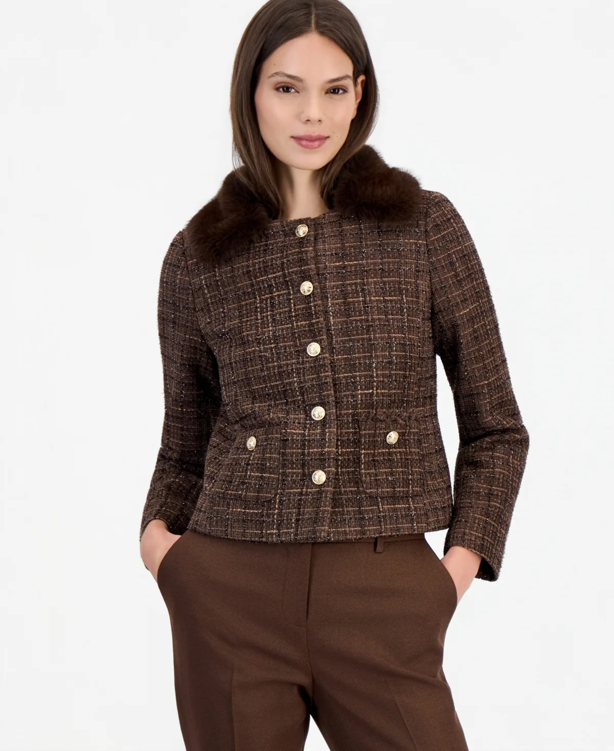 Cropped Boucle Plaid Jacket by Tahari