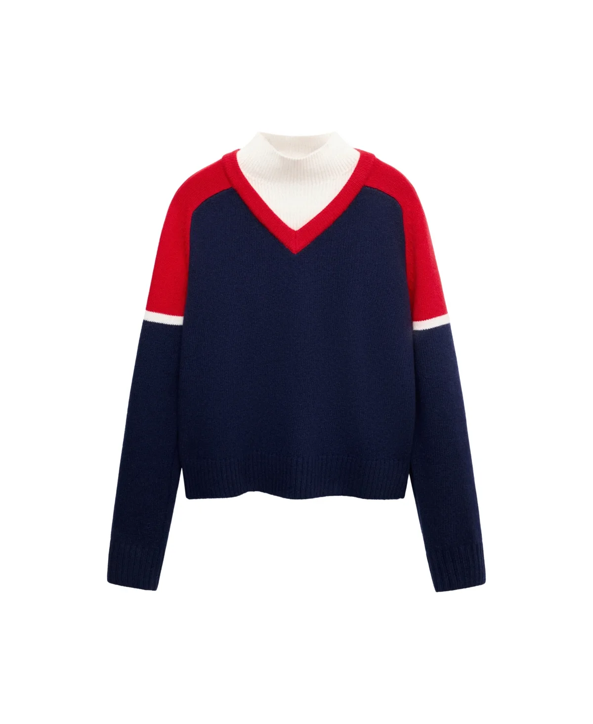 High Neck Contrast-Overlay Wool-Blend Sweater by Mango