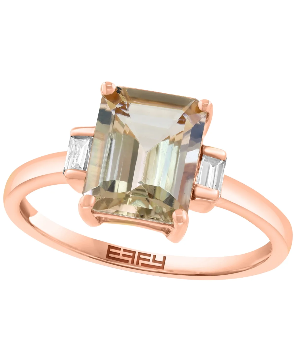 Blush Three-Stone Baguette-Cut Diamond and Emerald-Cut Morganite Ring (1-3/4 ct. t.w. Morganite, 1/6 ct. t.w. Diamond) in 14k Rose Gold by Effy Collection