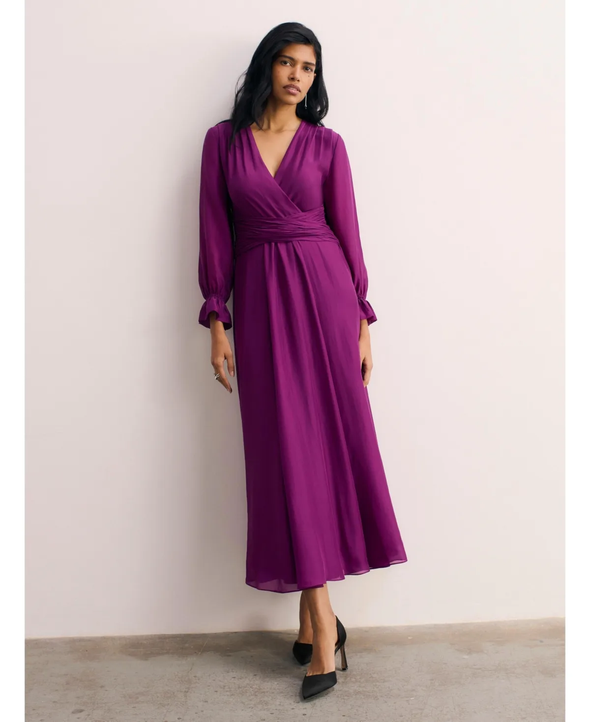 Sculpted Silk Long-Sleeve V-Neck Ruched-Waist Wrap Midi Dress by The Fold