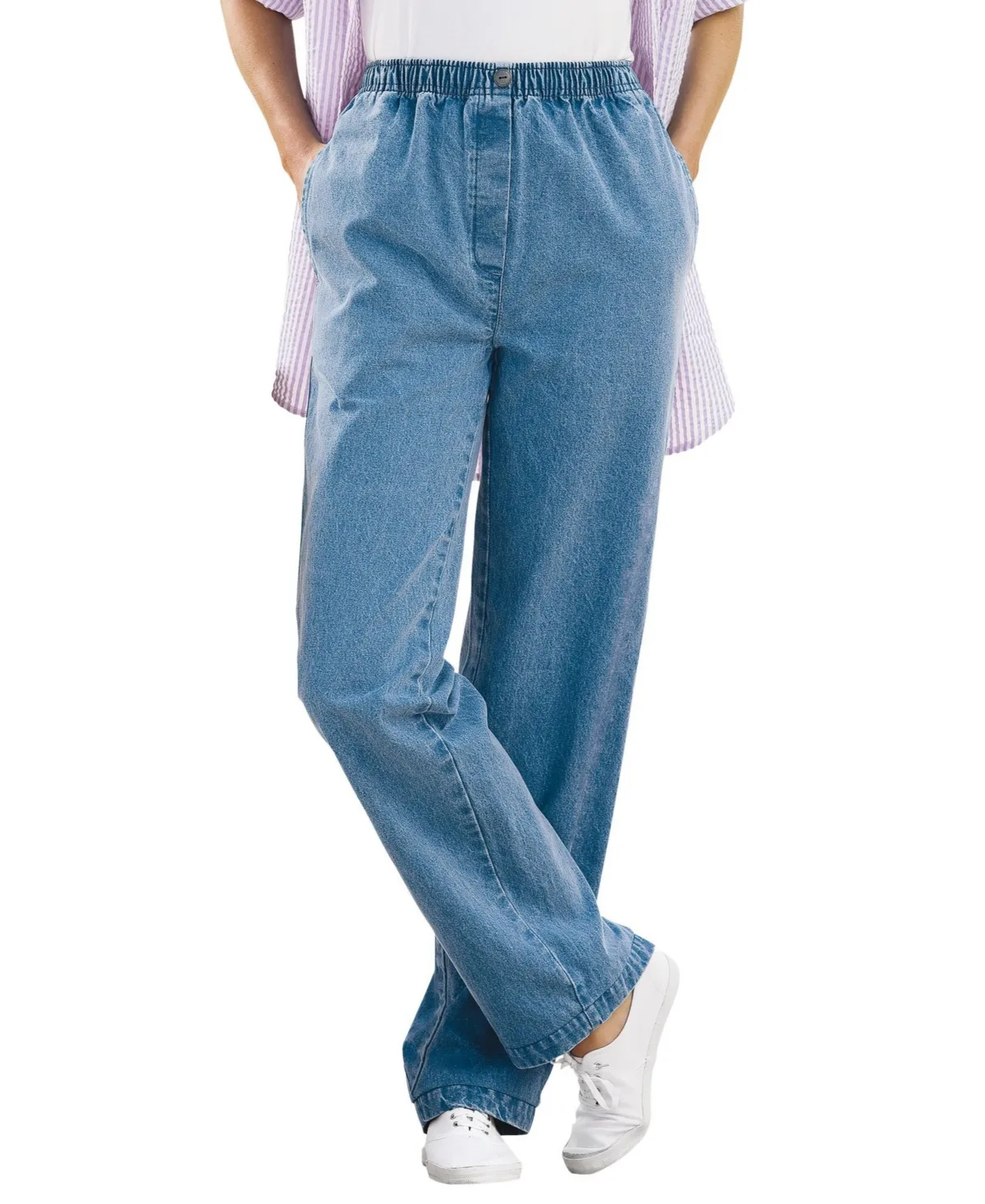 Straight-Leg All-Cotton Denim Pull-On 7-Day Elastic-Waist Jeans by Woman Within