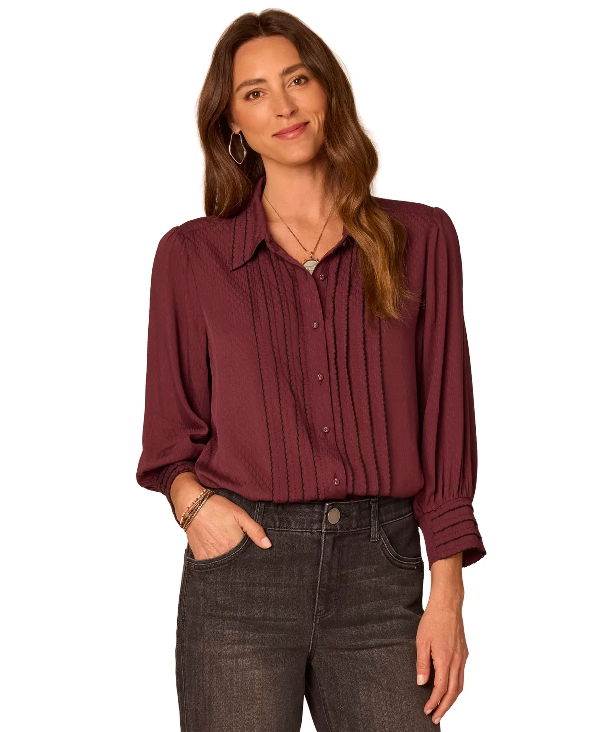 3/4-Sleeve Button Down Bubble Hem Blouse by Democracy