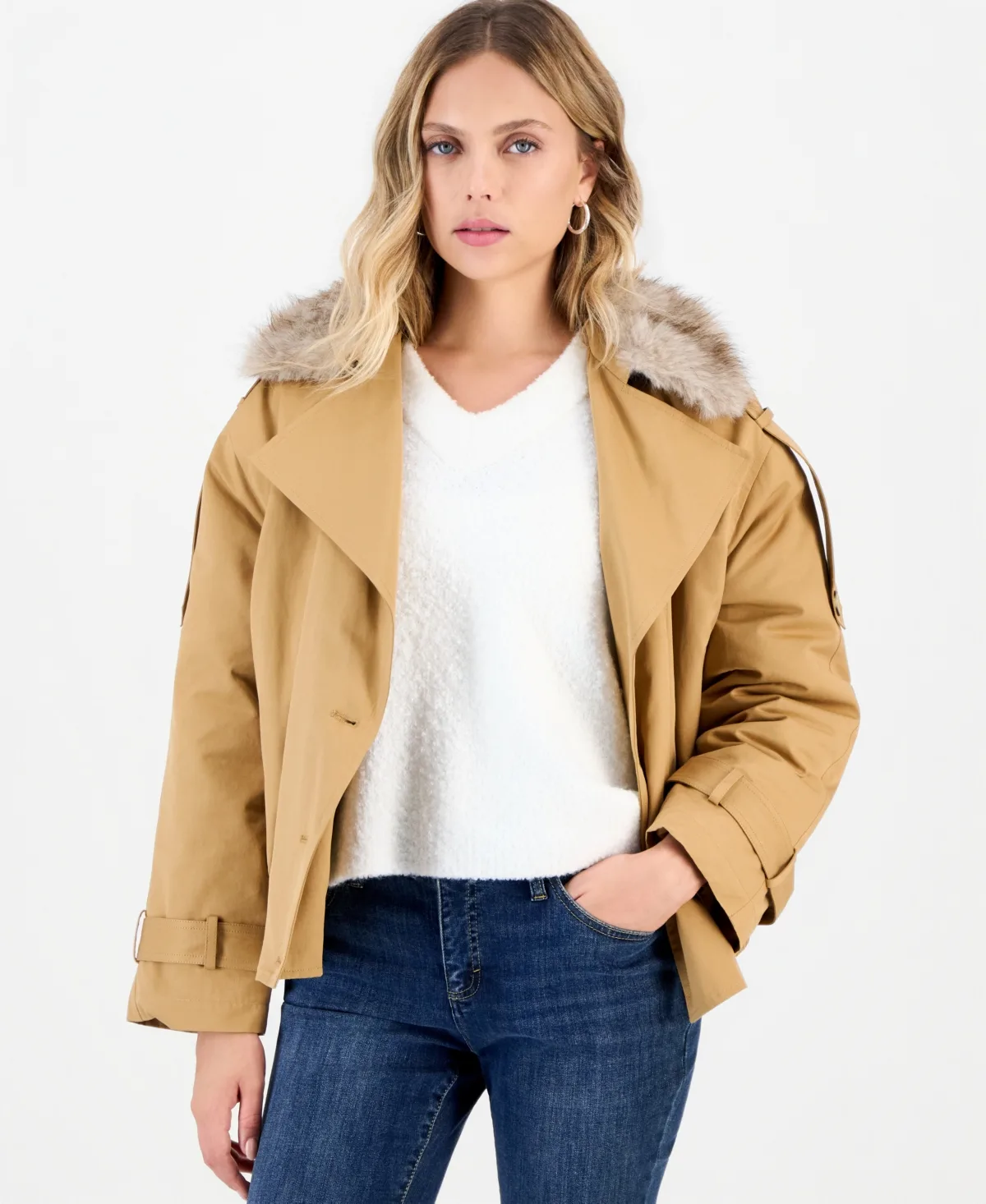 Relaxed-Fit Double-Breasted Flight Jacket with Removable Faux-Fur Collar by INC International Concepts