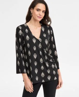 Printed 3/4 Sleeve Surplice Top by JM Collection