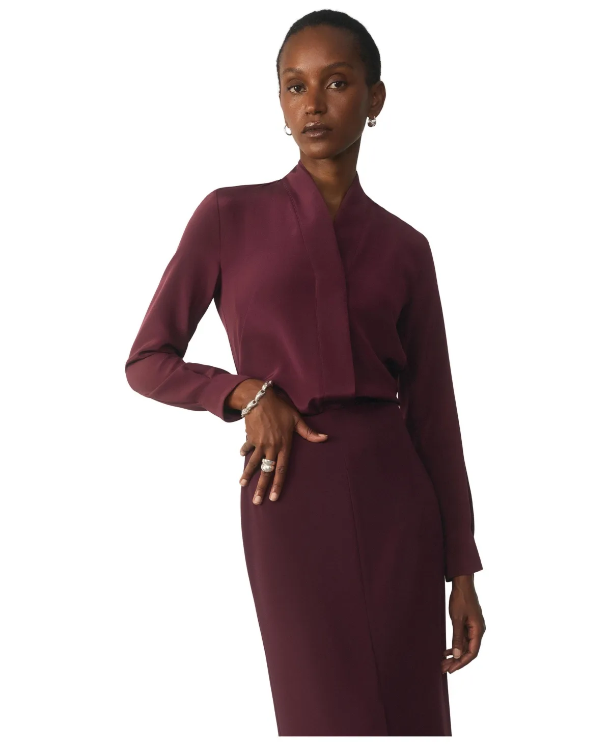 Bowery Stretch Silk V-Neck Long-Sleeve Blouse by The Fold