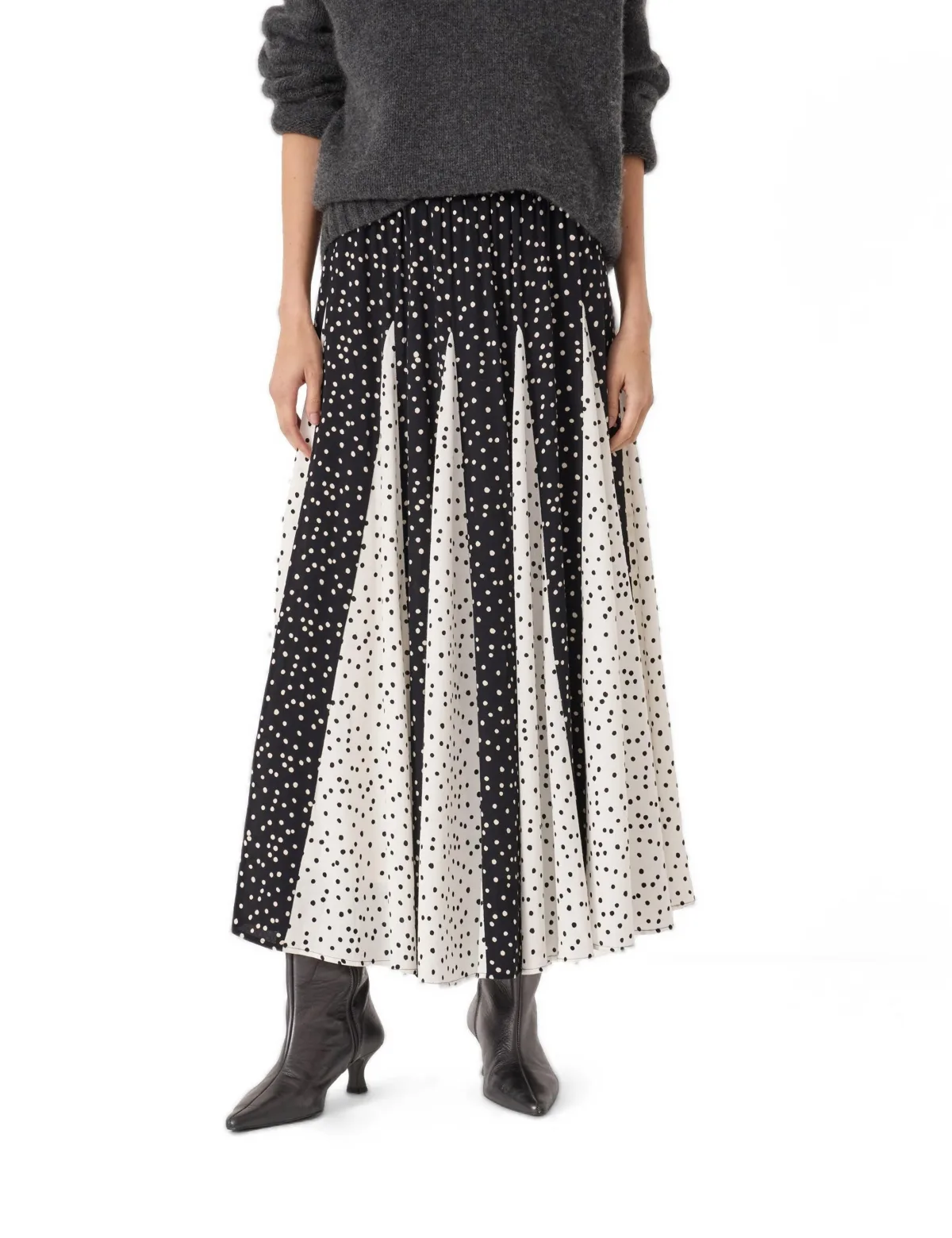 Oti Polka Dot Godet Midi Skirt by Hush