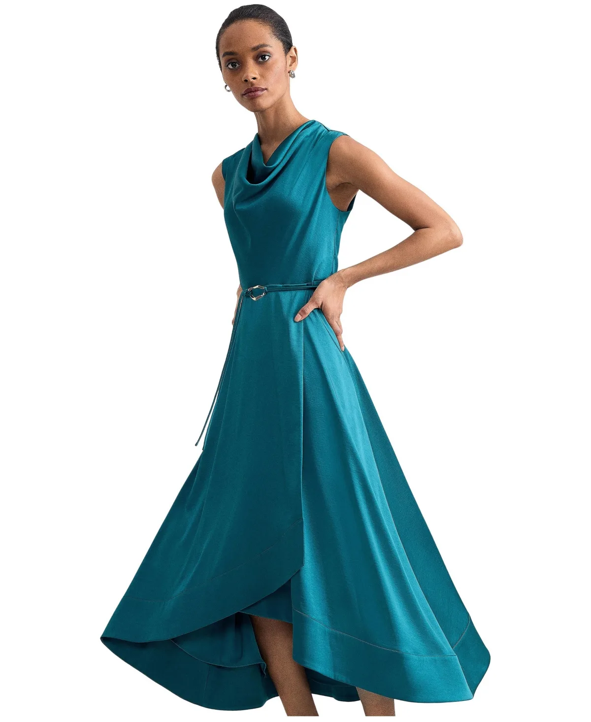Sabrianna Cowl Neck Belted Asymmetrical Midi Dress by Phase Eight