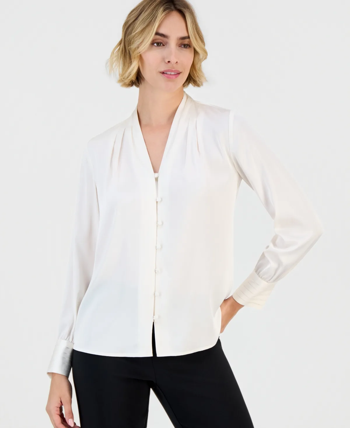 Satin Pleated-Cuff Button-Front Blouse by Anne Klein