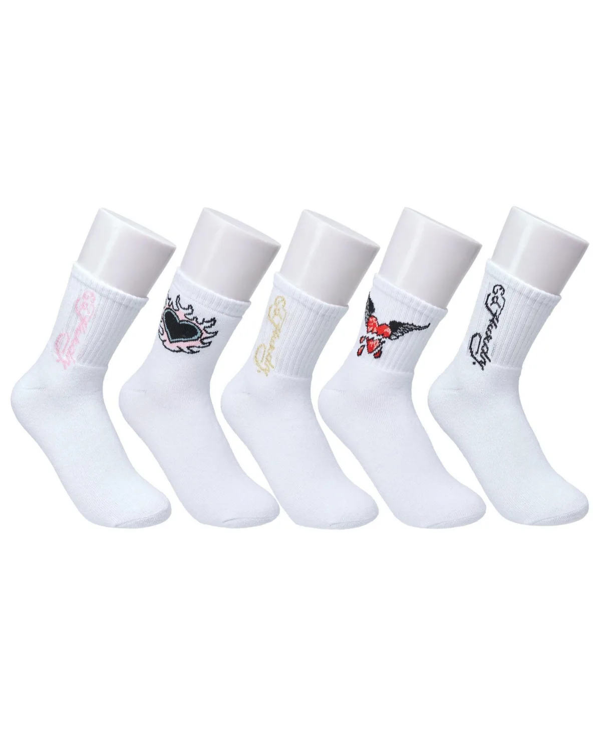 Heart Flame Print Full Cushion Mid Crew Sock 5-Pack by Ed Hardy