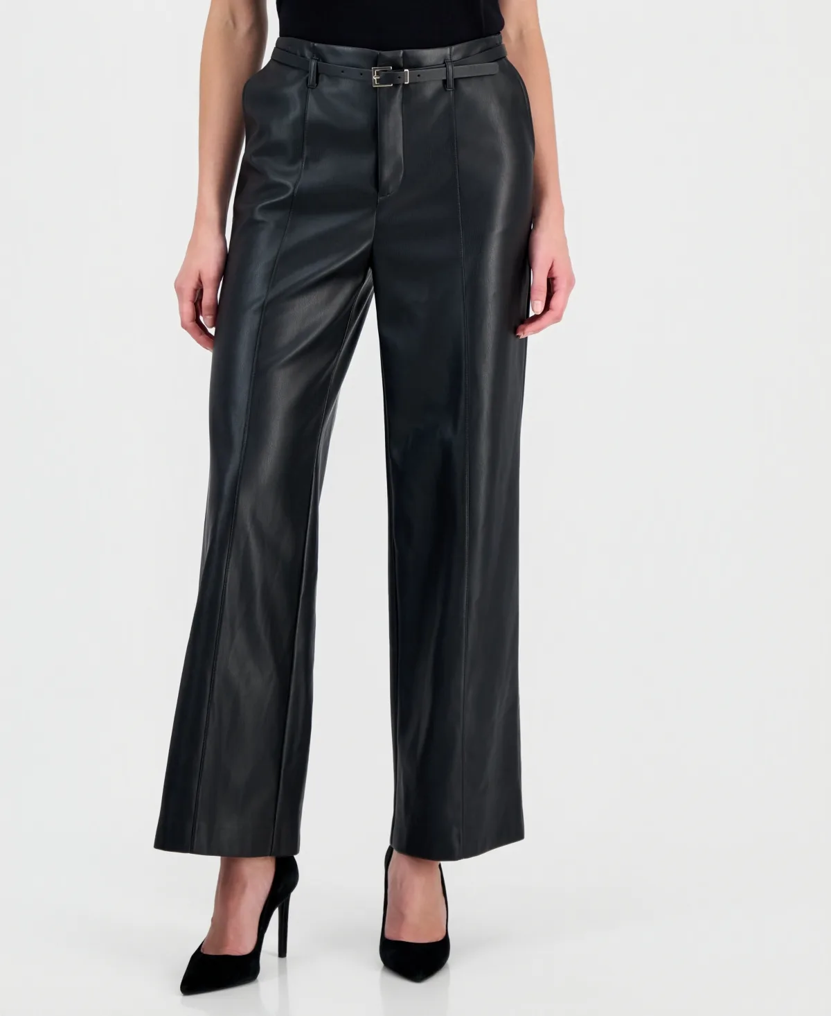 Pull-On High-Waisted Slim-Straight Polyurethane Pants