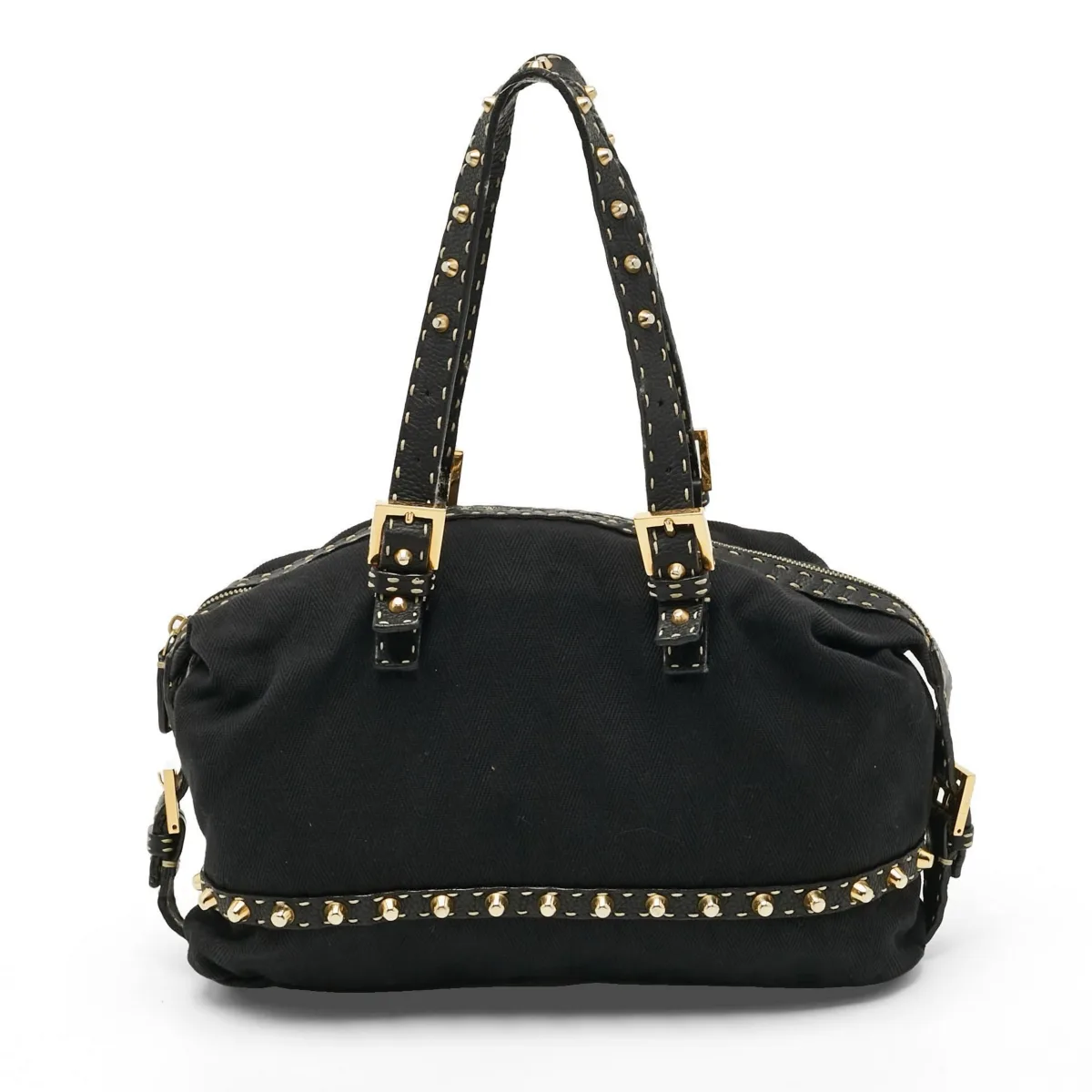 Pre-Owned Studded Selleria Canvas and Leather Satchel by FENDI