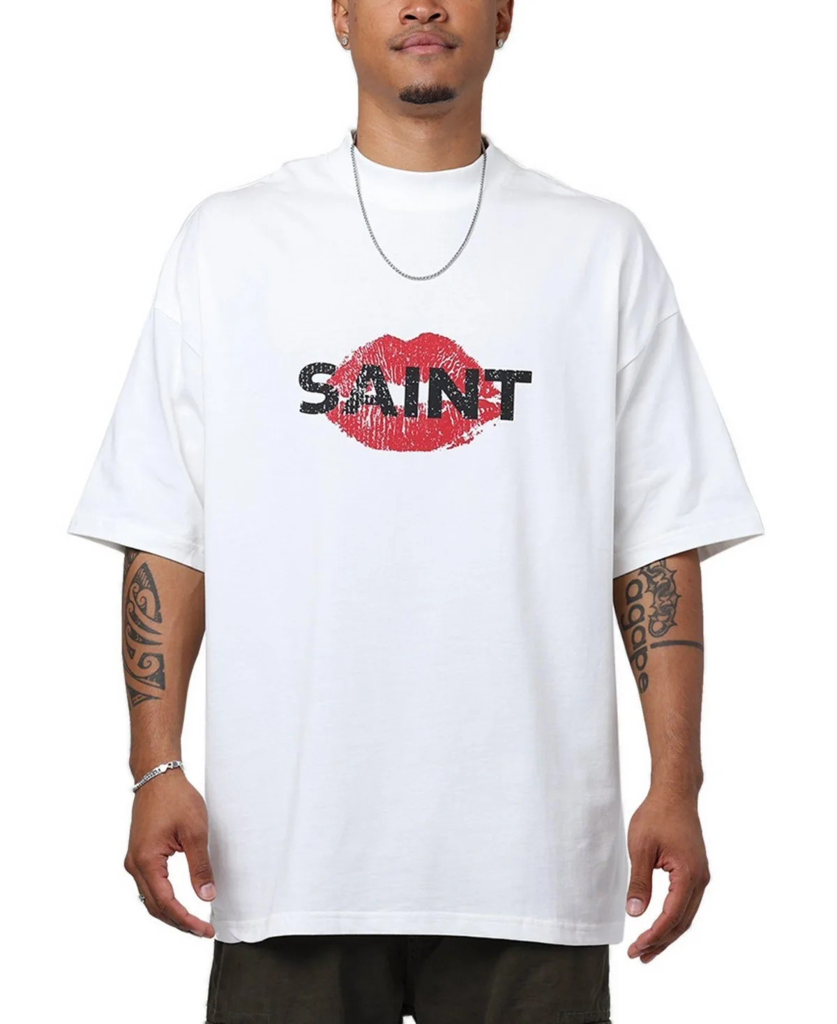 Love Helpline Oversized Mock-Neck Graphic T-Shirt by Saint Morta
