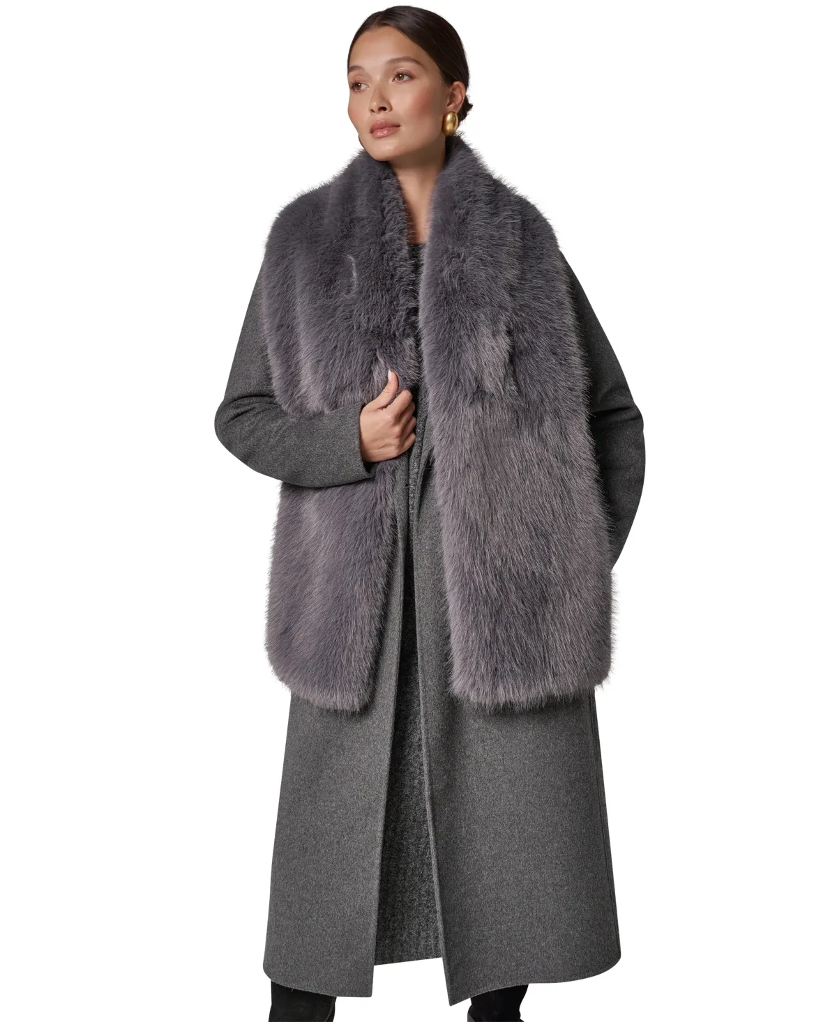 Long Wool-Blend Faux Fur Trim Coat by Donna Karan New York