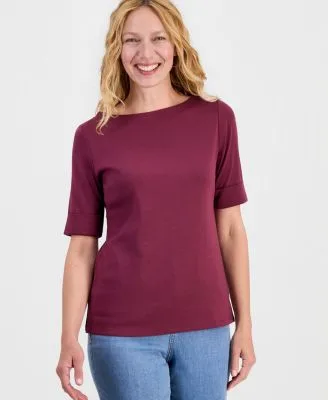 Boat Neck Elbow Sleeve Cotton Top by Style & Co