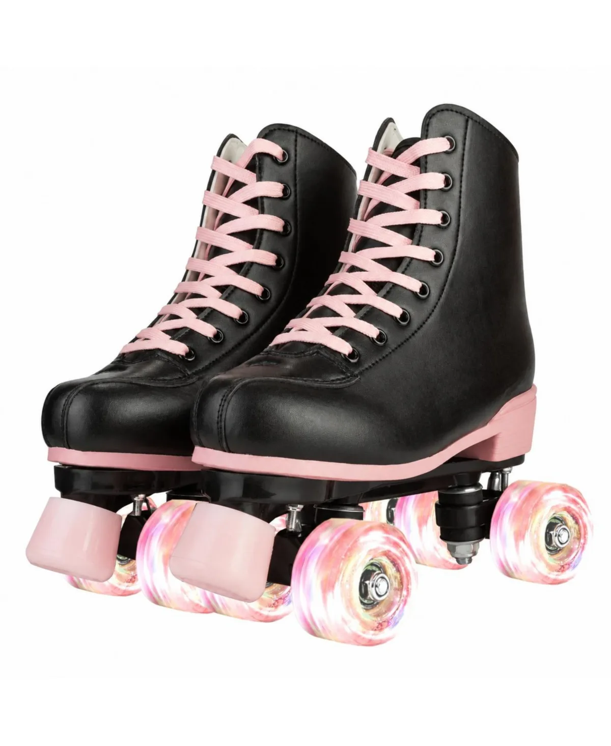 Black Pu Leather Roller Skates with Pink Light Up Wheels for Indoor Outdoor Use by Magicorange