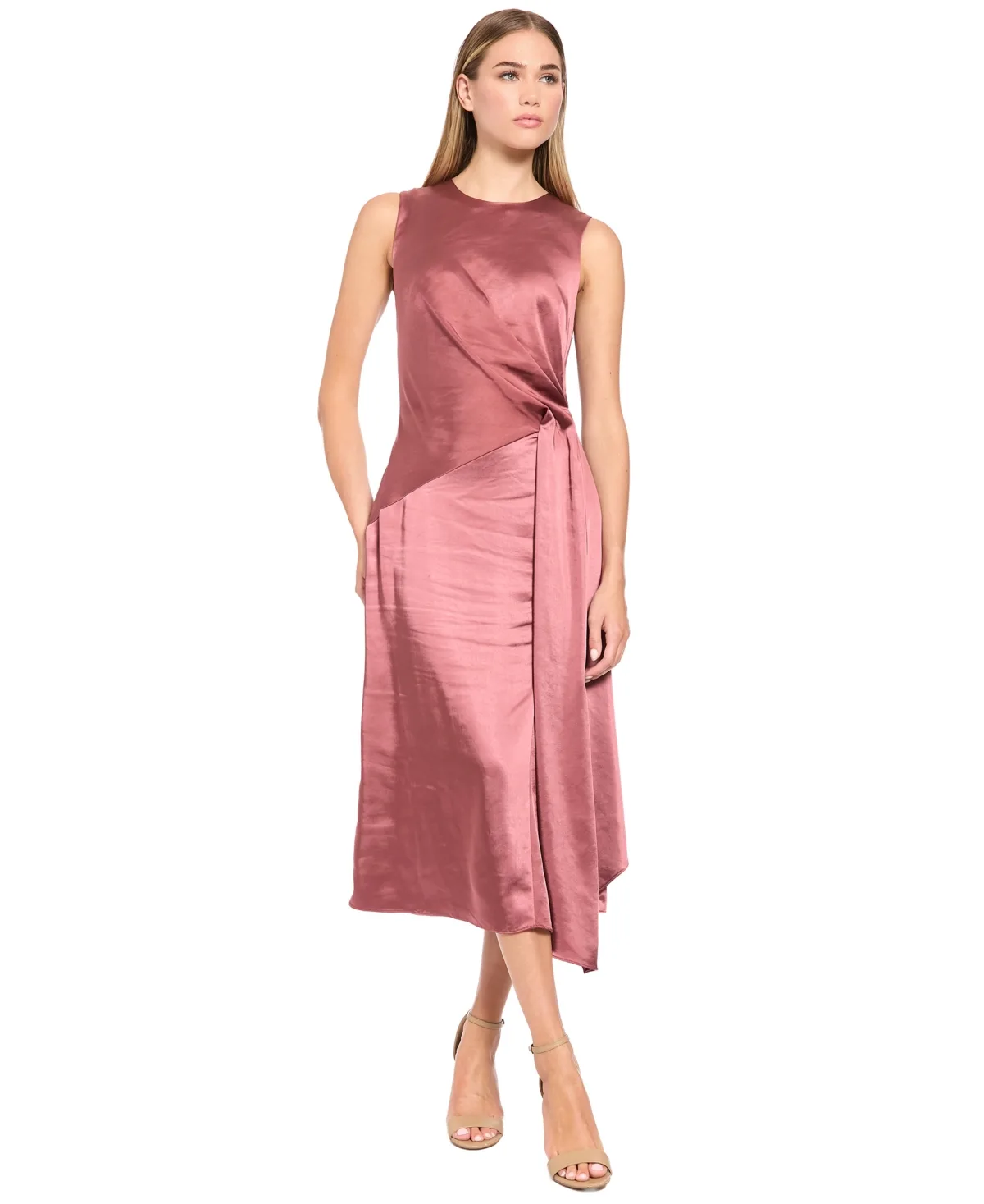 Satin Midi Side-Gathering Dress
