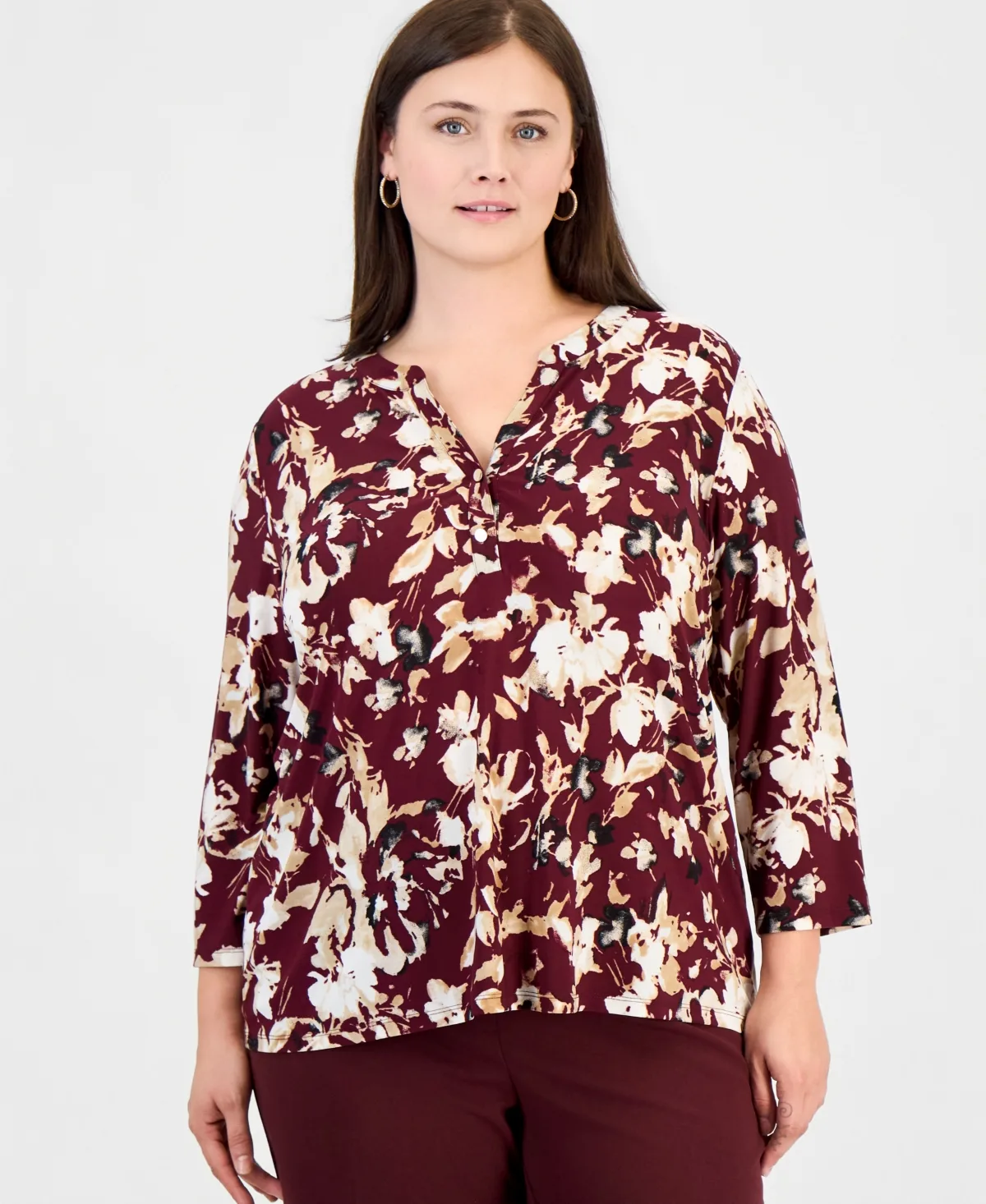 Essentials Cap-Sleeve Pleat-Neck Floral Blouse by Anne Klein