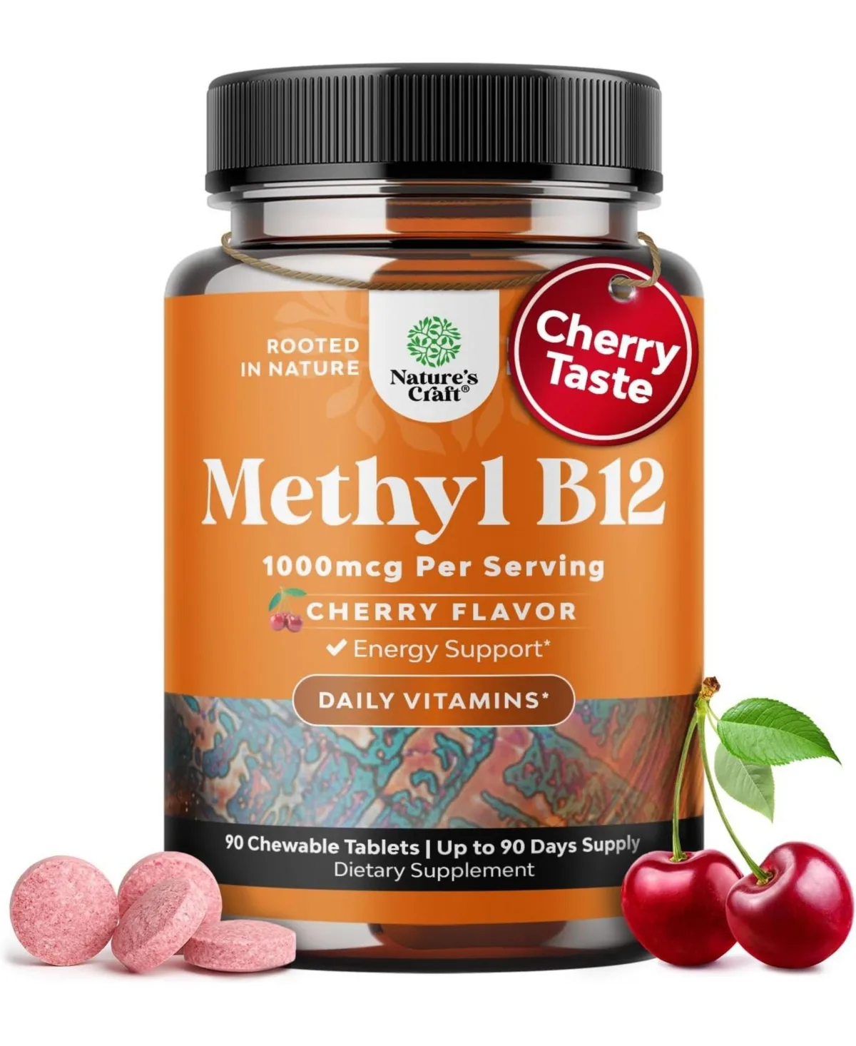 Vitamin B12 1000mcg Methylcobalamin Cherry Chewable Tablets - 60 Count by Natures Craft
