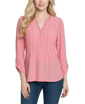 Long Sleeve Pleat Front Roll Tab Top by Ny Collection