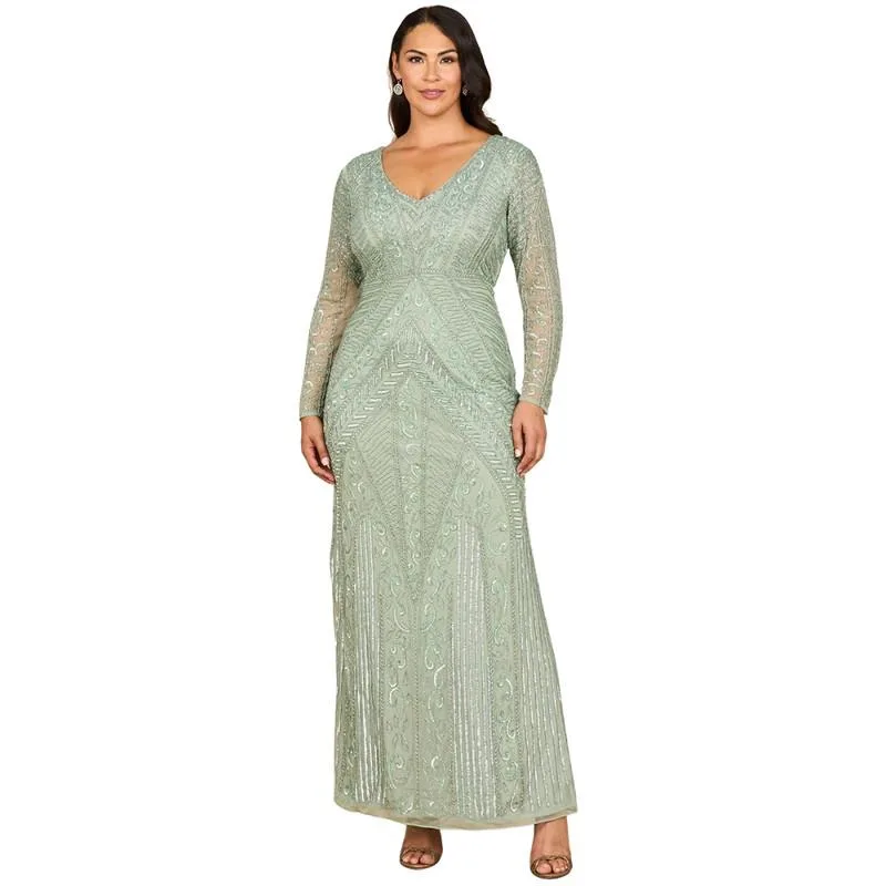 Long Sleeve Geometric Beaded Gown