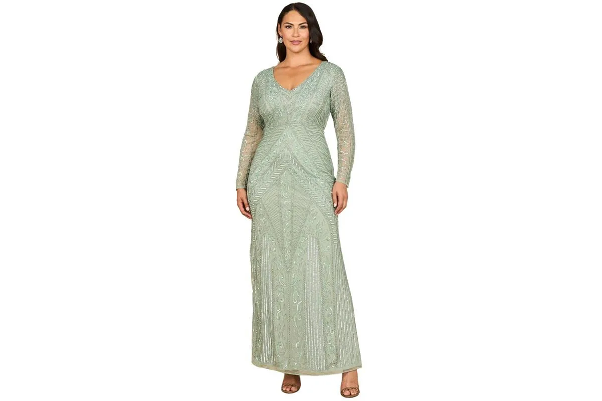 Long Sleeve Geometric Beaded Gown by Lara