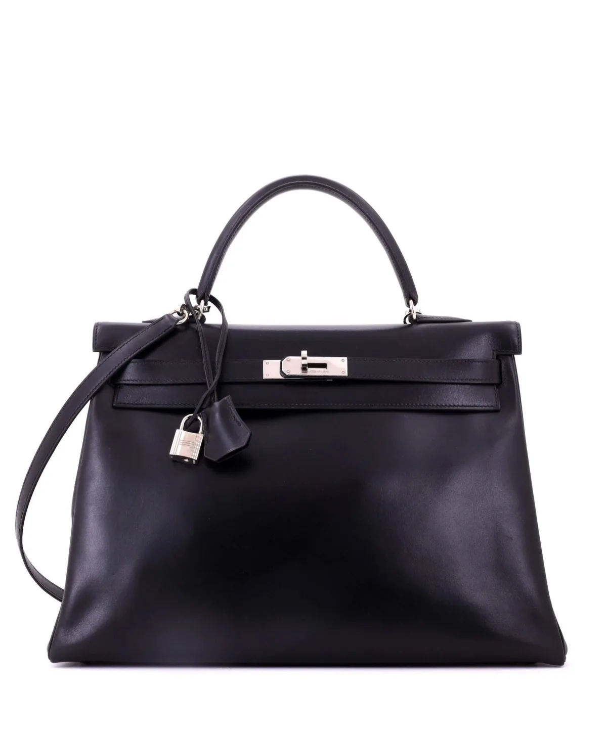 Pre-Owned Hermes Kelly 35 Handbag Black Box Calf with Palladium Hardware by Hermes