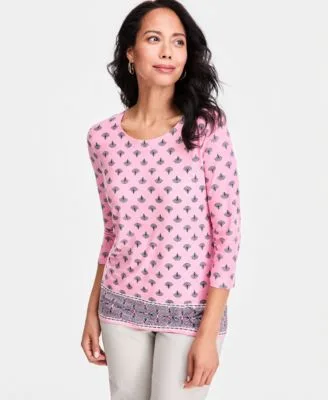 Printed 3/4 Sleeve Scoop Neck Jacquard Top by JM Collection