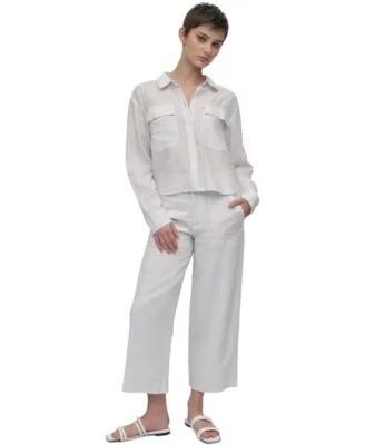 Linen Blend Cropped Long Sleeve Shirt Cropped Wide Leg Pants by DKNY