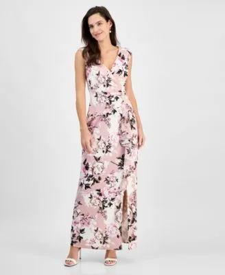 Floral Print Draped Sleeveless Gown by Connected